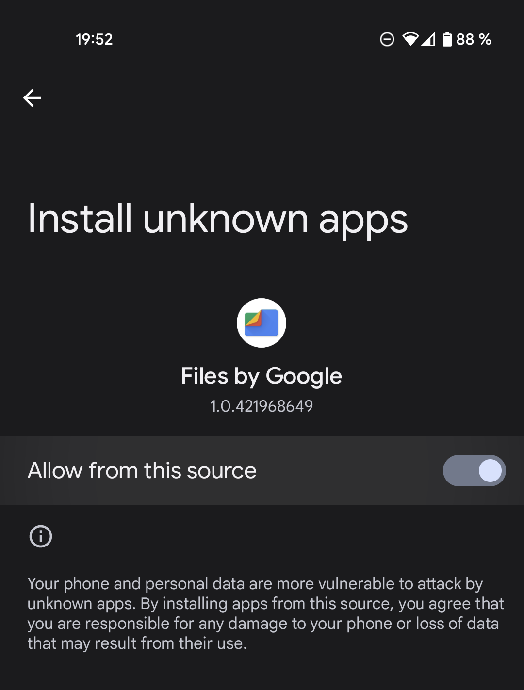 Screenshot of an Android phone showing the setting to allow installing apps from an unknown source