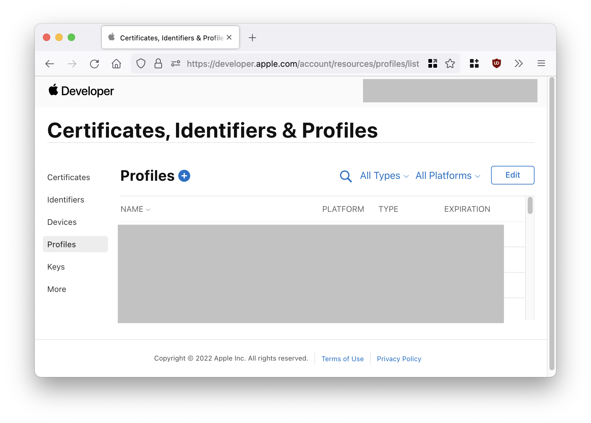 Screenshot the Apple Developer Page that allows editing Profiles