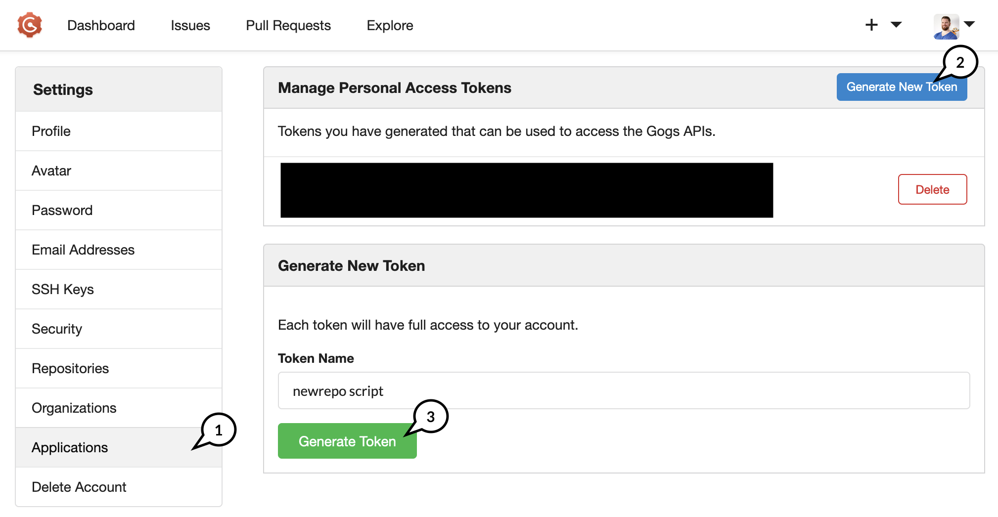 Screenshot of Gogs UI with Applications-Settings open. User is able to enter a Token Name and click on a “Generate New Token” button.