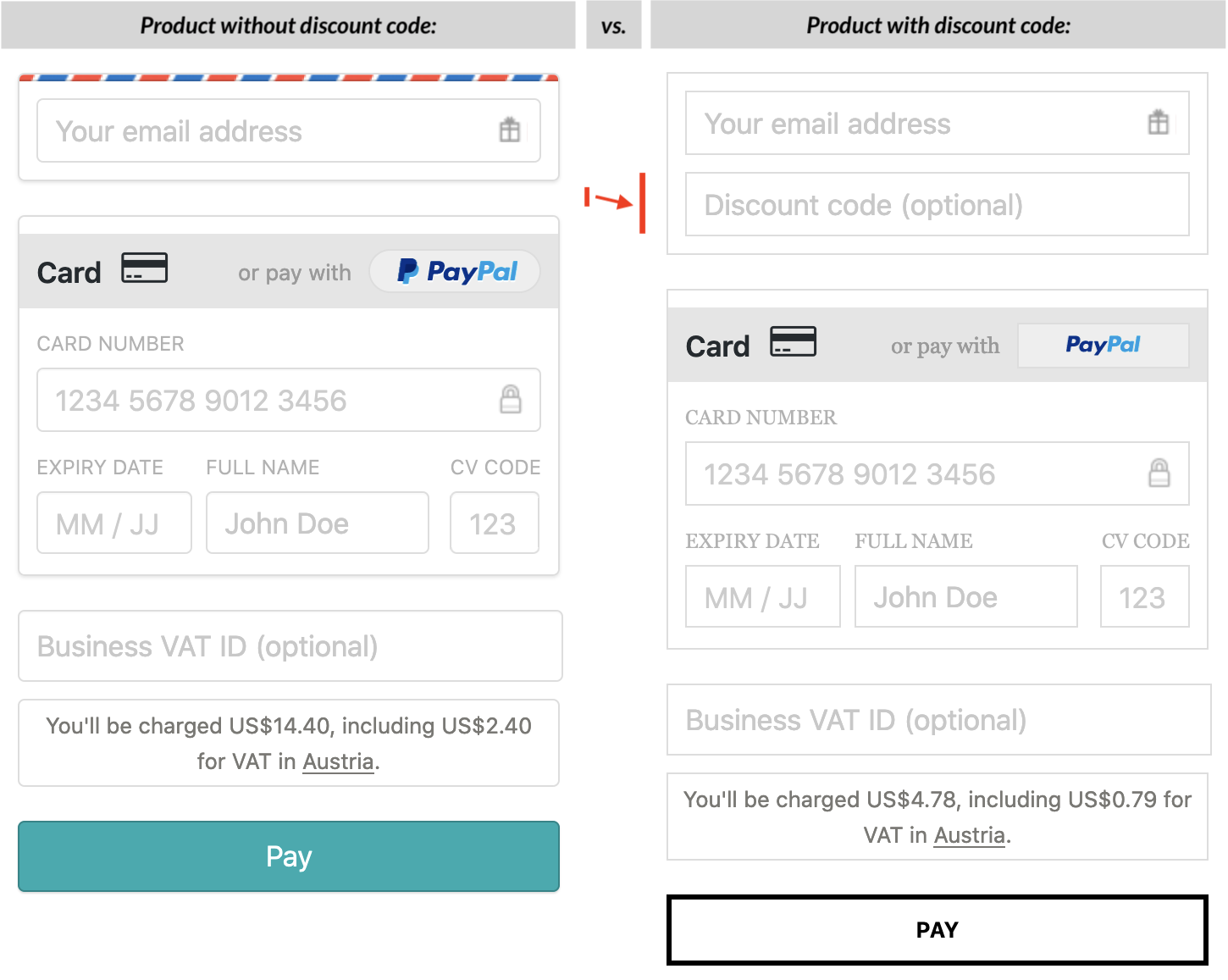 Gumroad checkout page of a product without a discount code field, and a checkout page of a product with a discount code field